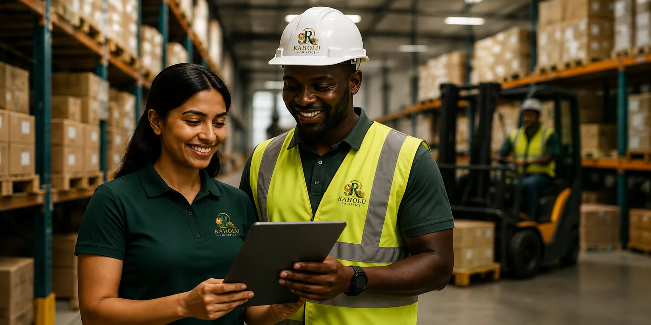 Two Raholu Logistics warehouse staff reviewing a tablet.