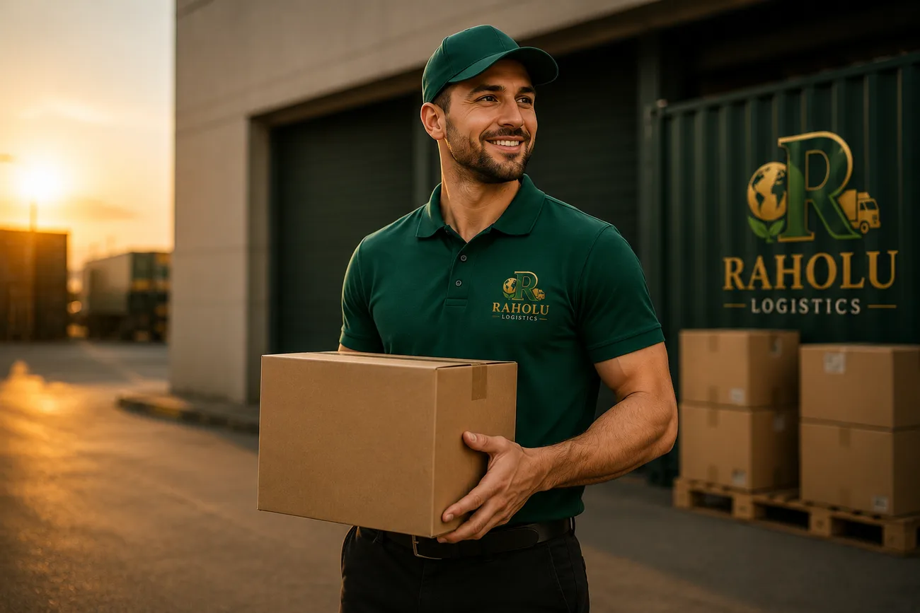 A smiling Raholu Logistics courier carrying a parcel at a depot.