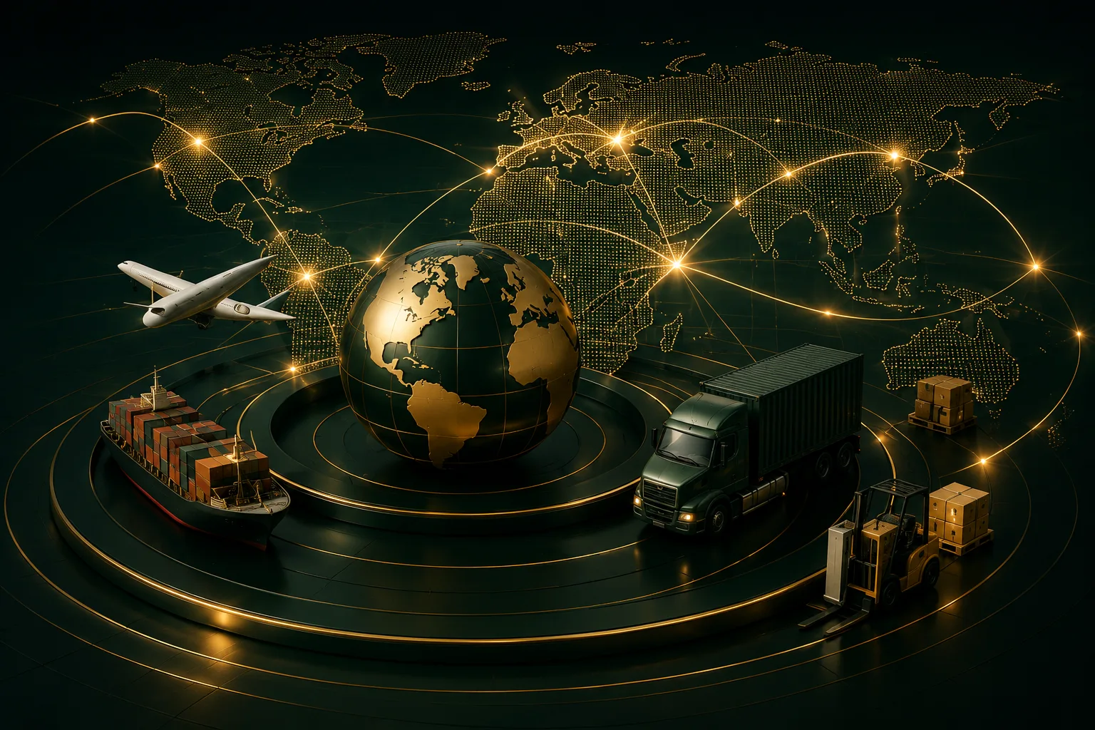 A gold globe with worldwide logistics routes, ship, plane and truck.