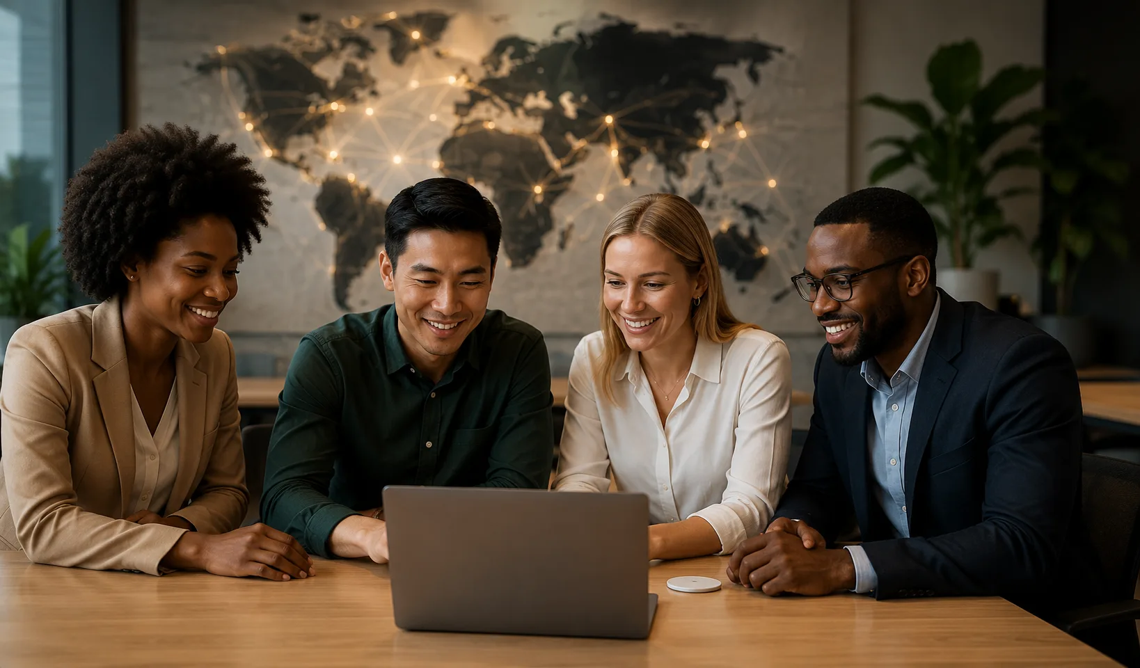 A Raholu Logistics team collaborating around a laptop.