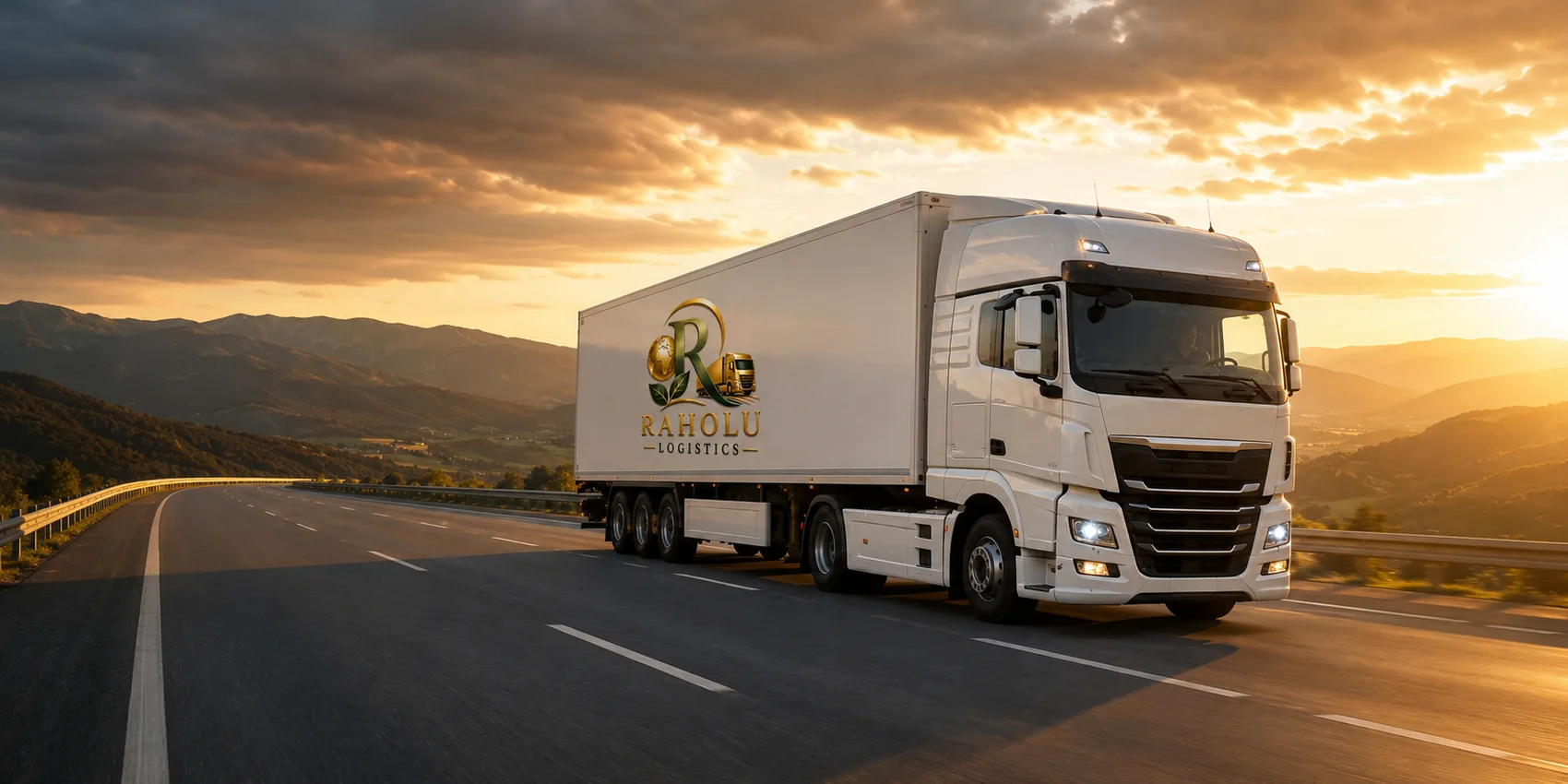 A Raholu Logistics truck on the motorway at sunset.